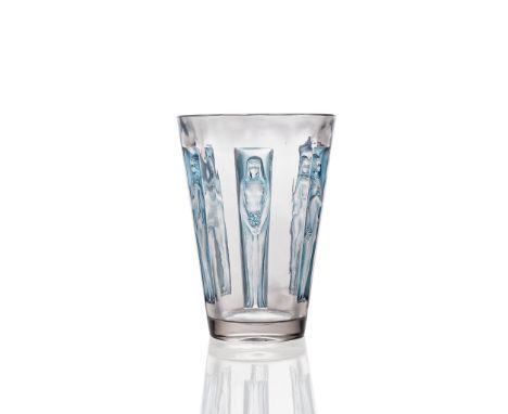 RENÉ LALIQUE (FRENCH 1860-1945) GOBELET SIX FIGURINES VASE, NO. 903 designed 1912 clear, frosted and blue stained wheel-engra