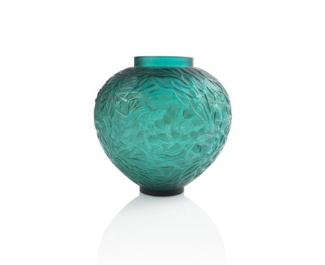 RENÉ LALIQUE (FRENCH 1860-1945) GUI VASE, NO. 948 designed 1920 teal green moulded R. LALIQUE, engraved Lalique(17 cm. (6 5/8