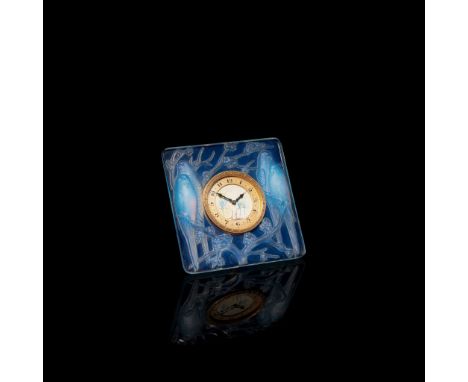 RENÉ LALIQUE (FRENCH 1860-1945) INSÉPARABLES TIMEPIECE, NO. 765 designed 1926 opalescent and blue stained with painted dial m