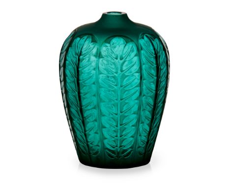 RENÉ LALIQUE (FRENCH 1860-1945) TOURNAI VASE, NO. 956 designed 1924 teal green intaglio R. LALIQUE(13 cm. (5 1/8 in.) high)