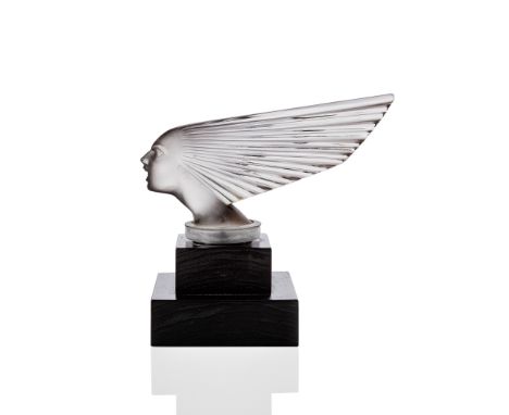 ‡ RENÉ LALIQUE (FRENCH 1860-1945) VICTOIRE CAR MASCOT, NO. 1147 designed 1928 clear and frosted, later ebonised mount moulded