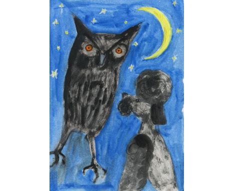 
	
		David Harrison
		Owl and Poodle, 2022
		Oil on Postcard
		Signed verso
		15 x 10cm (5¾ x 3¾ in.)
		
		About
		Teetering 