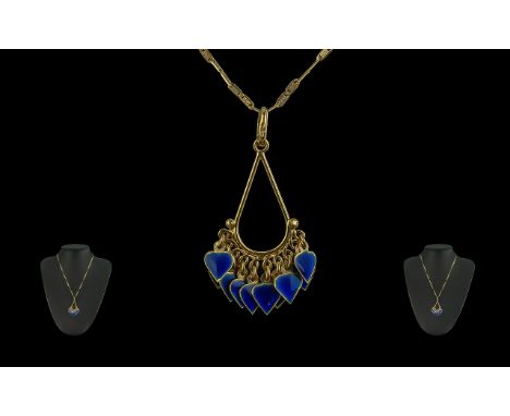 A Superb Ladies 18ct Gold Designed Pendant - Set with 8 Heart Shaped Blue Enamel Tassel Drops, With Attached 18ct Gold Ornate