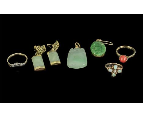 Mixed Lot of Jewellery, to include a 9ct gold coral ring, a 9ct gold gem set wishbone ring, an opal and diamond ring, unmarke