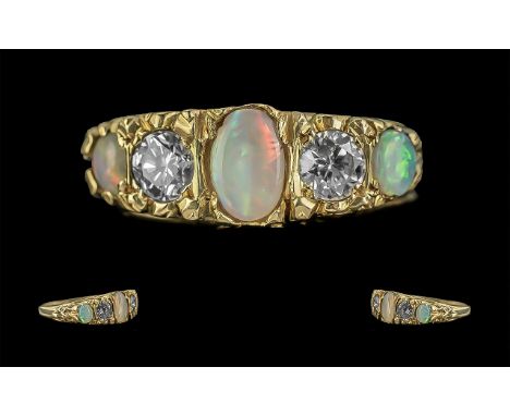 Antique Period - Good Quality 18ct Gold 5 Stone Opal and Diamond Set Ring, Gallery Setting. Not Marked but Tests 18ct Gold, T