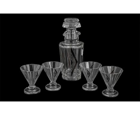 Art Deco Glass Cocktail Decanter and Five Cocktail Glasses, odd nicks to rims of glasses, black design to fronts.  Rare item.