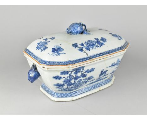A Large Chinese Qing Dynasty Porcelain Blue and White Tureen and Cover, Decorated with Deer in Exterior Setting with Trees an