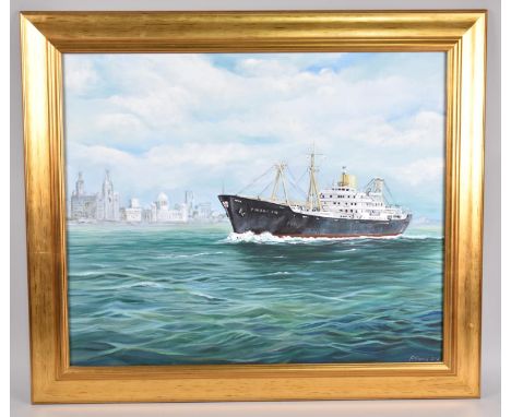 A Modern Gilt Framed Oil on Canvas depicting "Fourah Bay on The Mersey", Signed P Howell, 2012, 60x49cms. A General Cargo Ves