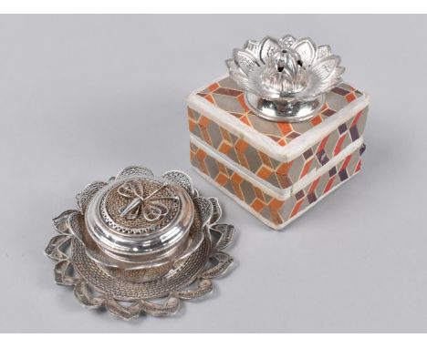 A Boxed Indian Silver Incense Stick Holder in the Form of Lotus Flower, Original Box for Gadgil, Pune, Indian, together with 