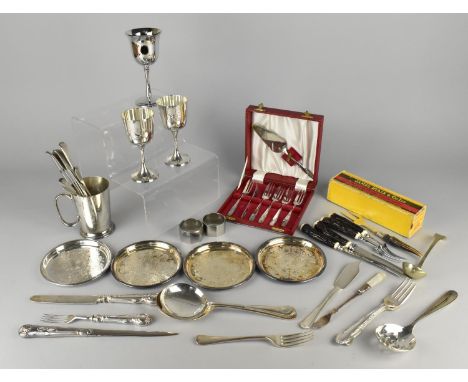 A Collection of Silver Plate to Comprise Goblets, Tankard, Flatware, Napkin Rings, Antler Handled Knives and Forks, Christoff