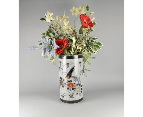 A Modern Cylindrical Stick Stand Decorated with Birds and Flowers in the Oriental Taste, Currently Containing Artificial Flow