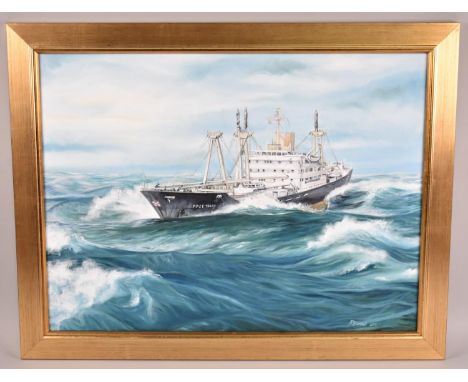 A Gilt Framed Oil on Canvas depicting The Vessel "Freetown",  Signed P Howell, 2011. Freetown was a Cargo Vessel Built 1964 