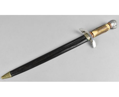 A Replica German Dagger with Bone Handle and Lion Mask Finial, with Leather Covered Scabbard Inscribed 'Made in Germany', 38c