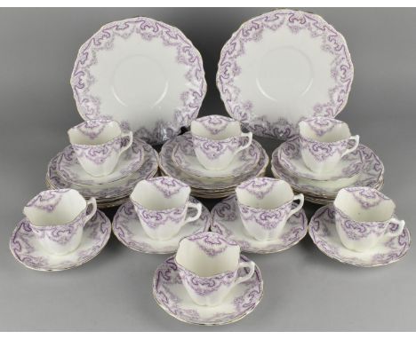 An Early 20th Century Wellington China Mauve Tea Set Decorated with Garland Swags and Scale Inset Borders to Comprise Eight C