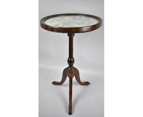 A Modern Circular Topped Tripod Wine Table with Embroidered Floral Panel, 33.5cms Diameter 