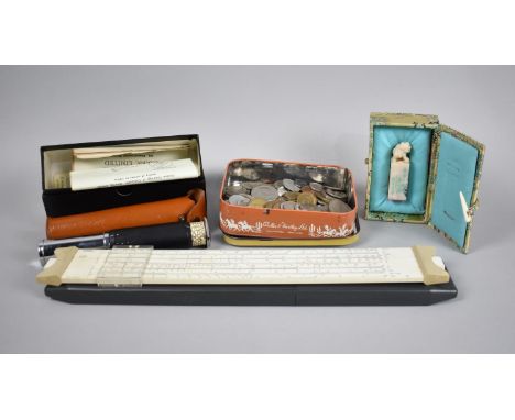 A Vintage Boxed Otis King Model K Calculator, Slide Rule, Tin of Coins and an Oriental Seal 