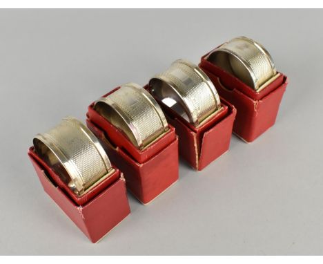 Four Silver Napkin Rings, with Boxes, by Broadway &amp; Co, Engine Turned Decoration, Birmingham Hallmark 