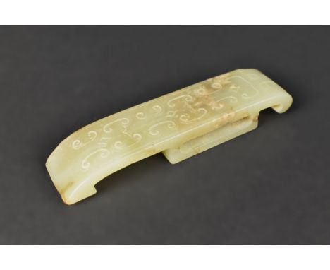 A Chinese Qing Dynasty Jade Belt Buckle of Traditional Form Carved With Scroll Decoration, 10cm 