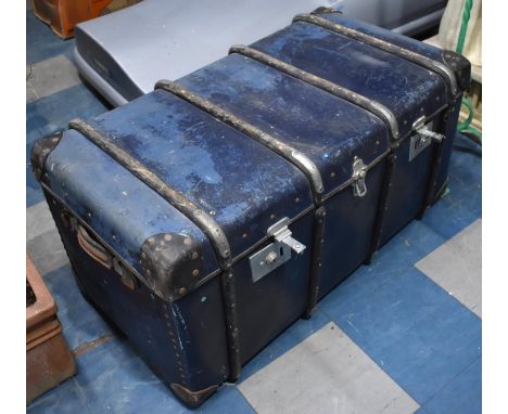 A Vintage Wooden Banded Travelling Trunk, with Makers Label for 'Papworth Industries Cambridge', 97cm wide 