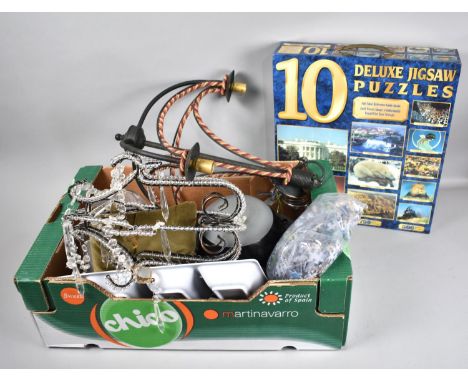 A Box Containing Ten Full Size Deluxe Jigsaws Together with Light Fittings Etc 