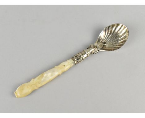 An 18th/19th Century White Metal Spoon with Mother of Pearl Handle, the Bowl Formed from Earlier Shell Shaped Caddy Spoon Now