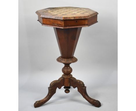 A 19th Century Inlaid Trumpet Work Table on Tripod Base with Hinged Chequerboard Lid to Fitted Interior, In Need of Full Rest