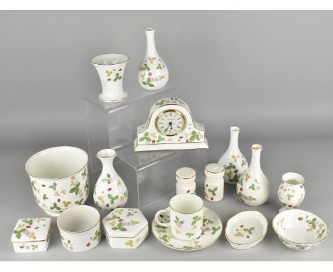 Sixteen Pieces of Wedgwood Wild Strawberry to Comprise Vases, Lidded Boxes, Mantle Clock, Cruets etc 