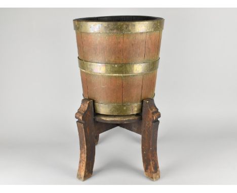 A Late 20th Century Coopered Barrel Shaped Planter on Tripod Stand, 31.5cms Diameter and 55.5cms High 