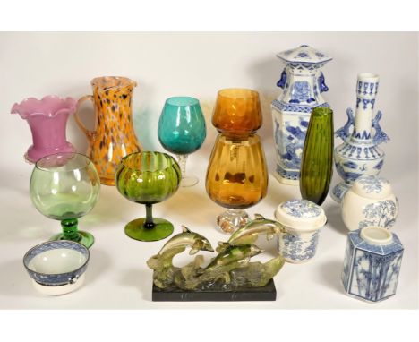 A collection of mid 20th Century Art Glass Vases, together with a Chinese Venetian style vase, lidded ginger jars and a table