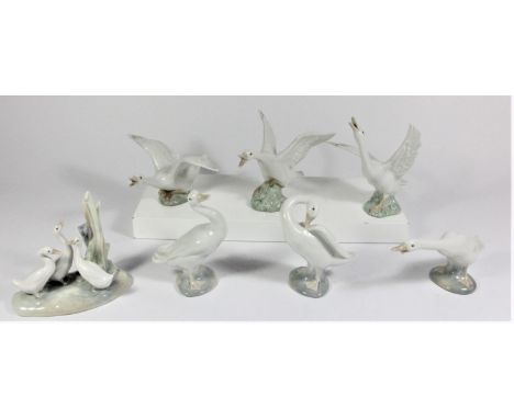 Six Lladro figurines to include, Little Duck 4552 12 cm, Flying Duck 9x17cm, Little Duck 4551 12 cm, Duck Running 12cm, Preen