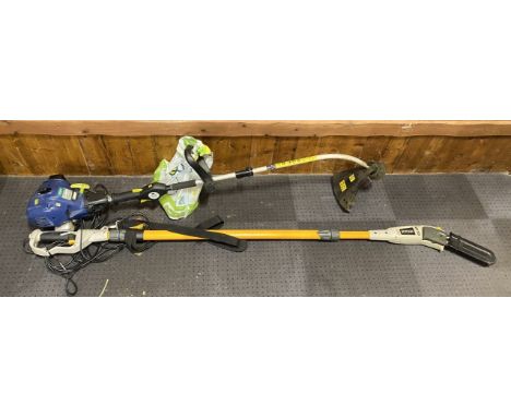 A Ryobi extendable electric chainsaw, together with a Xtreme petrol driven strimmer CX-PT 2538. (2) 