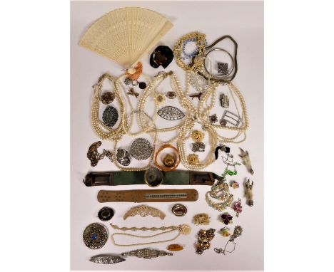 A 9ct gold, enamel and half pearl initial slide two silver mounted claw brooches and a quantity of costume jewellery 