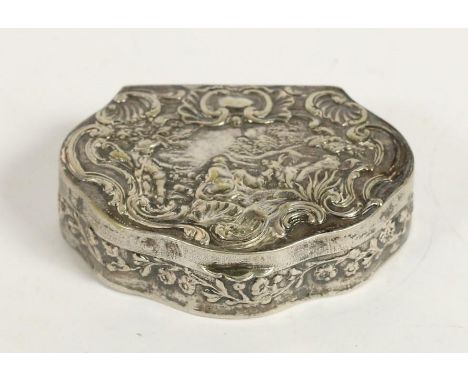 A German silver cartouche shape snuff box, bearing Hanau pseudo marks, with embossed decoration, 6.5 x 5 x 2cm, 49gm 