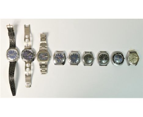 A collection of nine 1970's stainless steel wristwatches, Technos The King, Lucerne x 2, Lucerna, Lator, Tara, Emperor, Tasso
