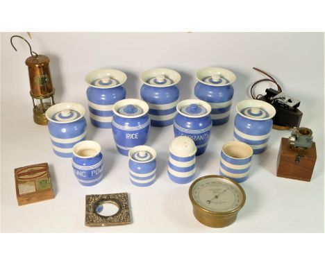 A collection of mid 20th Century Cornish pottery kitchenware by Bretby and T.G Green &amp; Co, together with a brass cased an