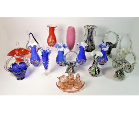 A collection of Romanian and Chinese art glass pieces to include, flower vases, posy baskets and a four piece condiment set.