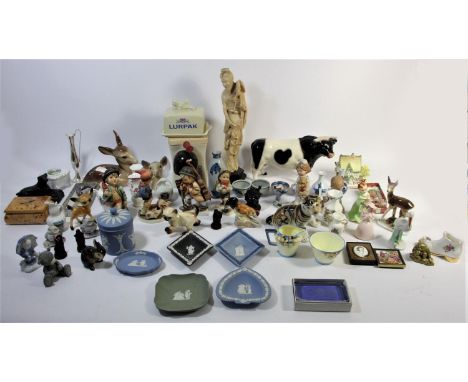A collection of ceramics to include, Hummel figurines, Wedgewood Jasperware, Coalport cottage, animal models and other wares.