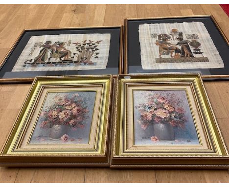 A pair of Egyptian screen prints on papyrus paper, framed 56x50cm, together with a pair of gilt framed oil on canvas still li