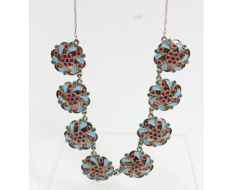 A low grade silver and enamel disc necklace, 43cm 