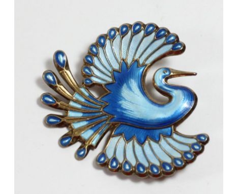 David Anderson, a Norwegian silver gilt and blue enamel Bird of Paradise brooch, DAVID-ANDERSEN NORWAY' & 'STERLING 925S, c.1