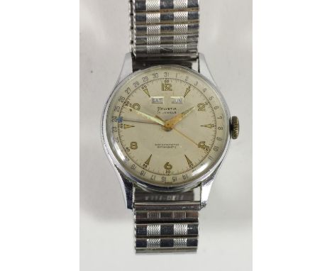 Helvetia stainless steel calendar manual wind gentleman's wristwatch with date and day apertures,&nbsp; and date outer bezel,