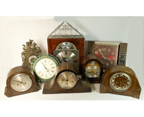 A Tempus Fugit wall hanging clock together with oak cased mantle clocks and others 