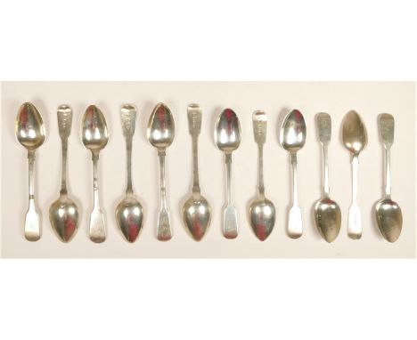 A Victorian silver set of six fiddle pattern tea spoons, London 1863, together with six Georgian silver tea spoons, various d