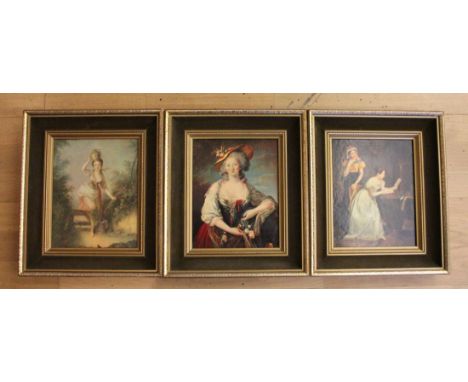 A set of three framed portraits depicting 17th/18th Century ladies. 36x31cm (3)These are prints that have been varnished over