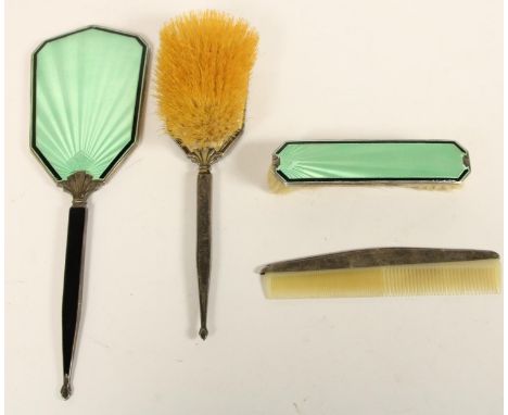 An Art Deco silver and guilloche enamel dressing table set, Birmingham 1934 