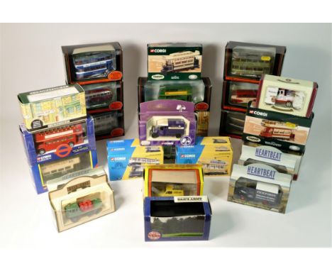 A large collection of diecast models, primarily public transport related, to include boxed Corgi trams and buses, Lledo boxed