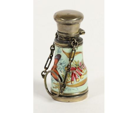 An unmarked silver gilt and porcelain scent bottle, in the form of an opera glass, hinged cover broken, with enamel insect de