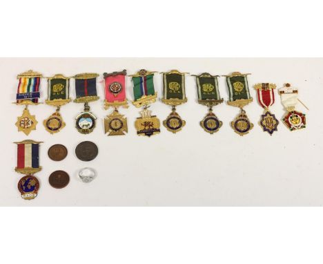 A collection of 11 gilt metal and enamel RAOB lodge jewels, three tokens and a ring 