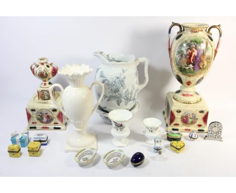 A collection of Dubarry Limoges enameled scent and trinket boxes together with, mid 20th Century ceramic vases, Salter scales