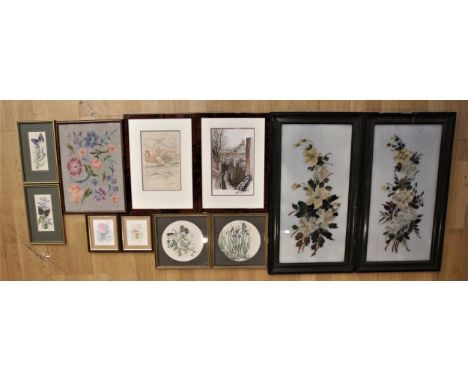 A pair of Edwardian paintings of flowers on glass, together with a selection of framed prints and watercolours. 